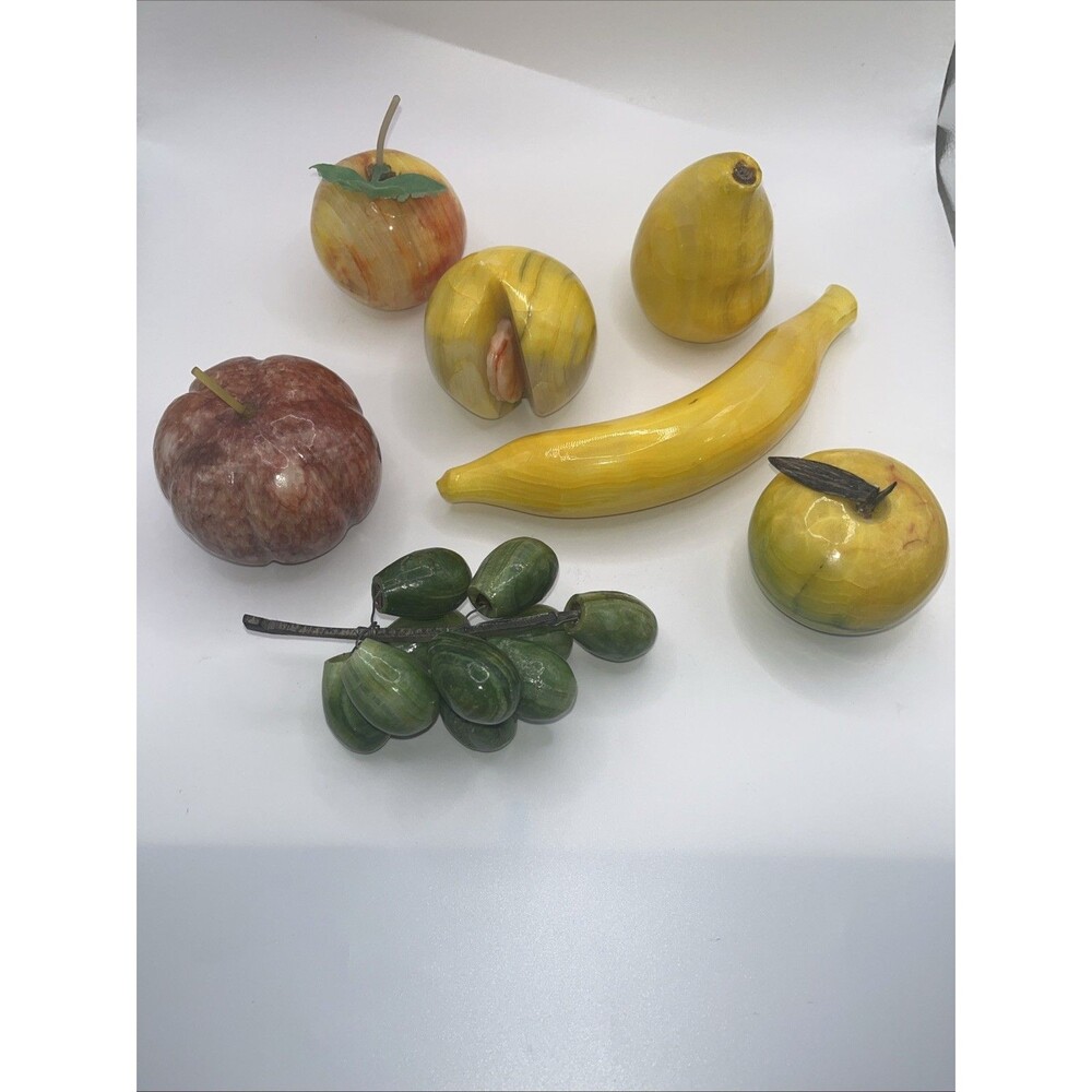 Italian Alabaster Stone Fruit Carved Apple Peach Grapes Pear Banana Lot Of 7
